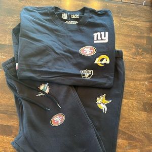 Hollister size Medium in both tshirt and sweatpants.